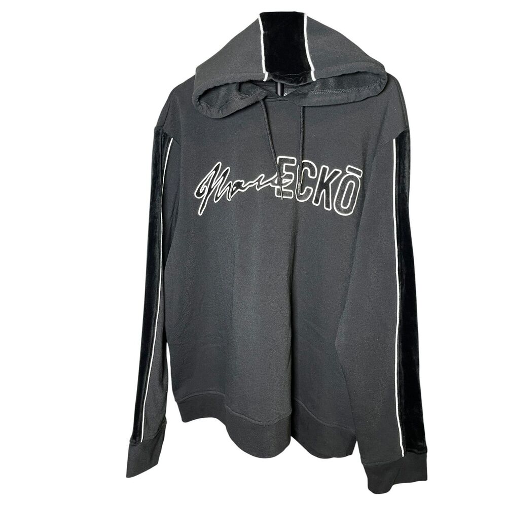 Marc Ecko Cut & Sew Mens 3XL Black Hoodie Velvet Velour Stripe Logo Pullover 3X